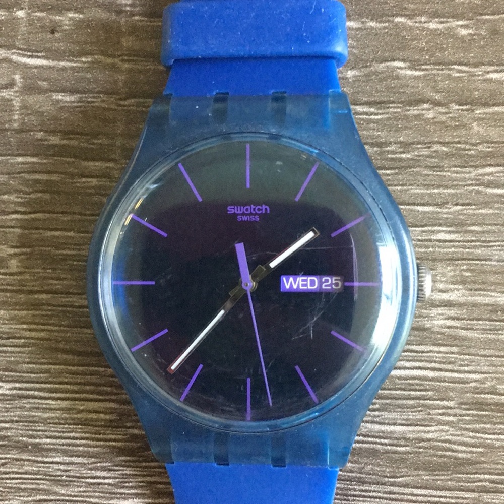 Blue Swatch Watch with purple